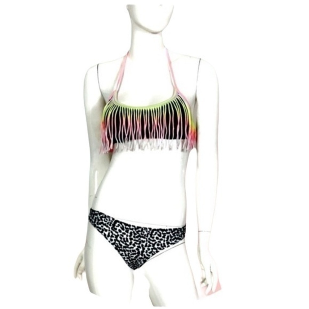 Victoria’s Secret Pink bikini top ombré tie dye pink yellow fringe‎ festival